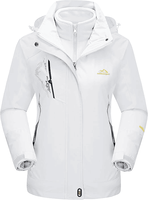 A Women's 3-in-1 Winter white Coat, it is one of 10 Best Hiking Clothes for Winter to Stay Warm, Dry, and Comfortable